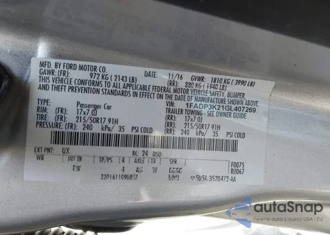 2016 Ford Focus Se z USA, uszkodzony, nr VIN 1FADP3K21GL407269